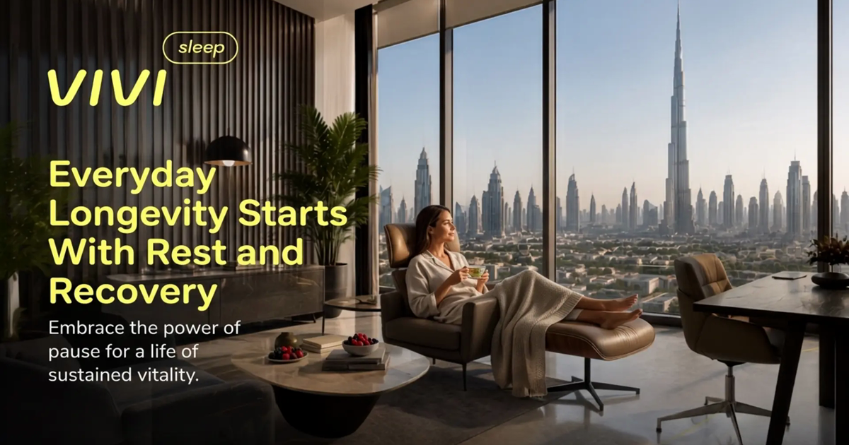 Woman resting with tea beside floor-to-ceiling windows overlooking Dubai, with the VIVI Sleep wordmark