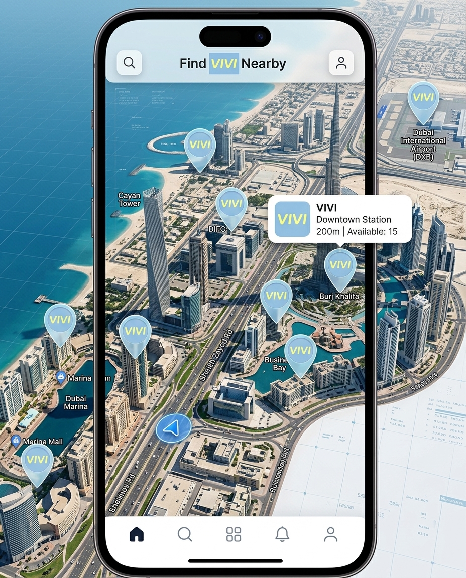VIVI app showing nearby recovery pod locations in Dubai