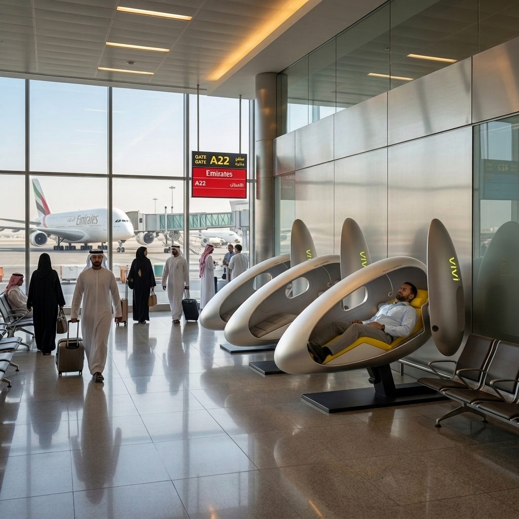 VIVI recovery pods lined up in a Dubai airport terminal with a traveler resting inside one