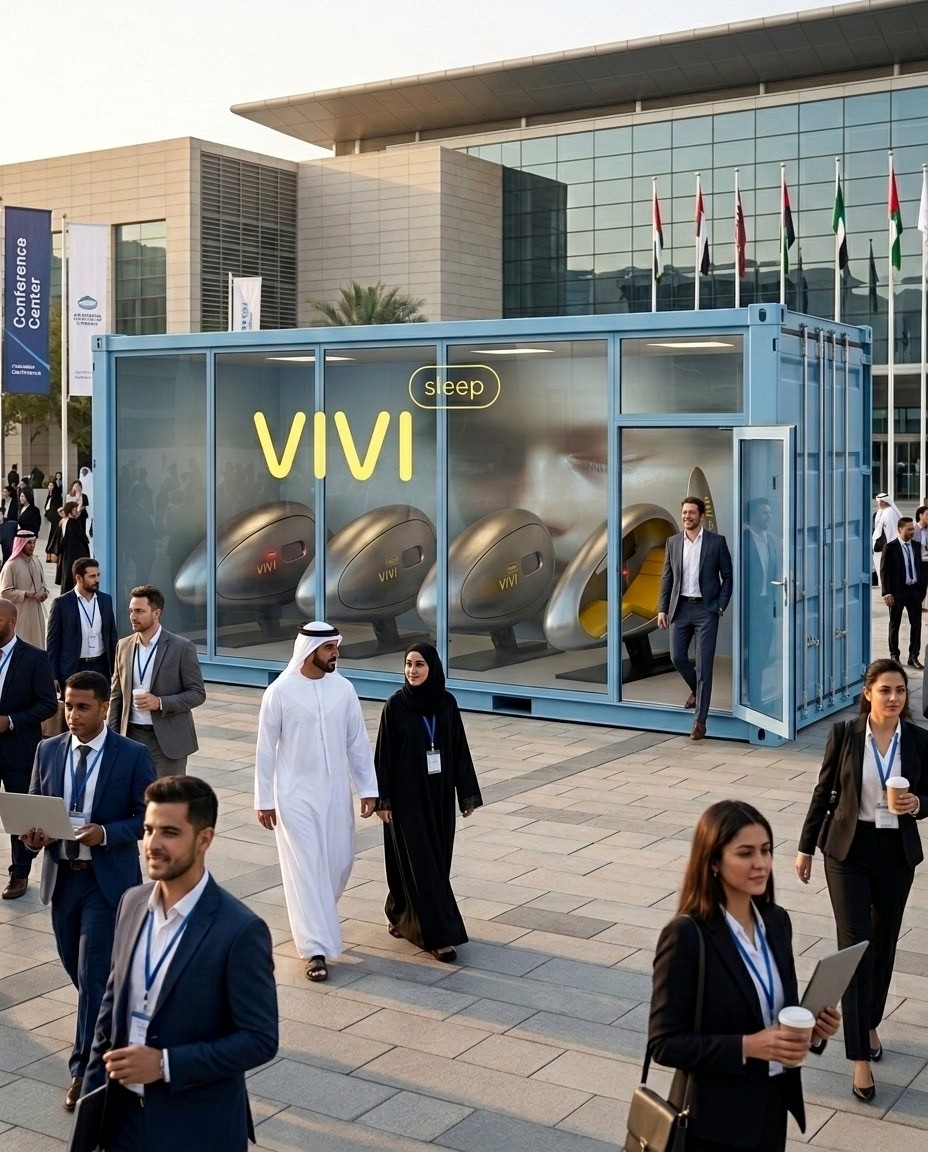 VIVI sleep pod container at a Dubai trade fair with attendees
