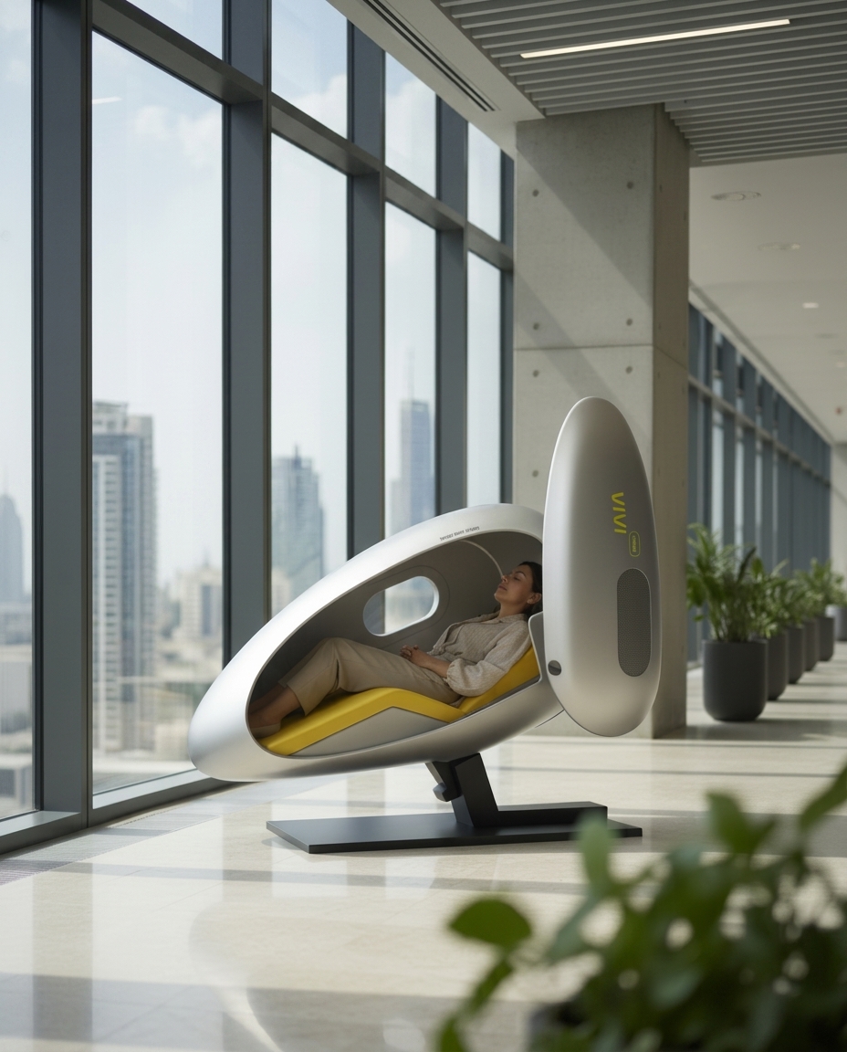 VIVI Pod in a Sunlit Office with City Skyline
