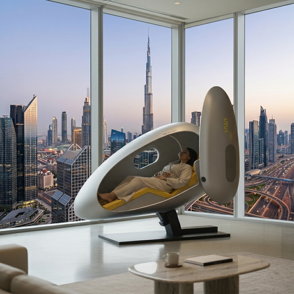 VIVI sleep pod in a Dubai high-rise office with skyline view