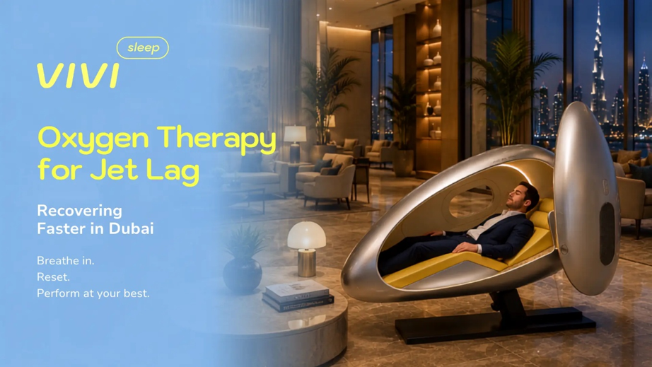 Business traveler resting in a VIVI pod with oxygen enrichment in a Dubai lounge overlooking the Burj Khalifa, recovering from jet lag
