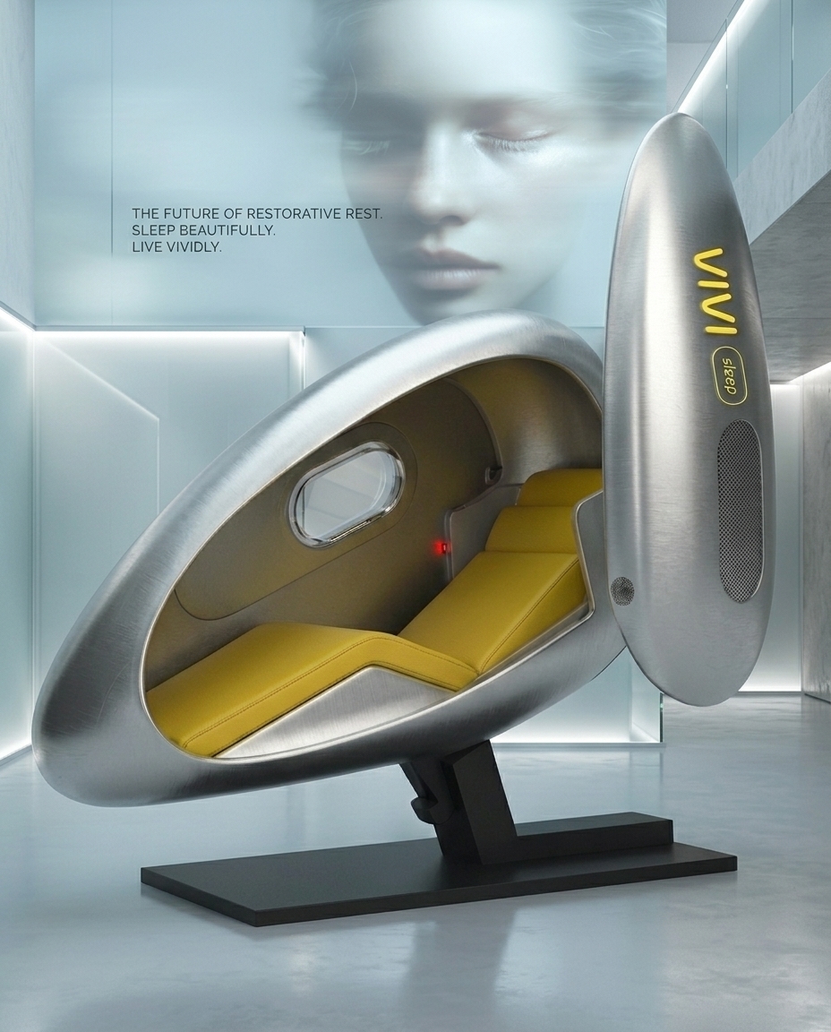 VIVI Sleep Pod with open hatch in a bright rest space